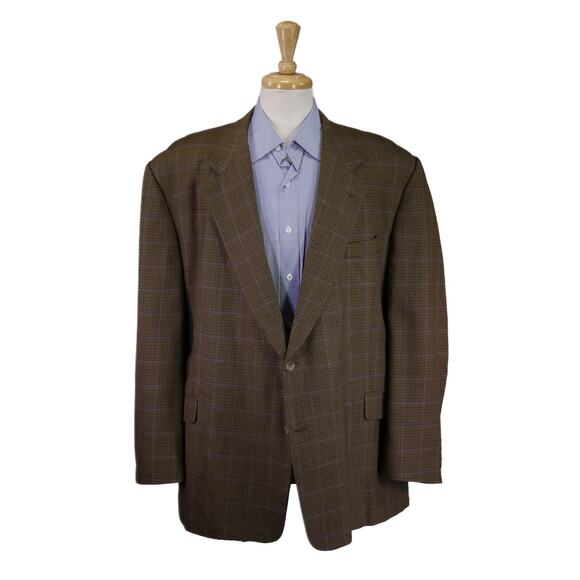 Hickey Freeman Brown Blue Windowpane Wool Sportcoat Blazer 52R - Picture 1 of 9